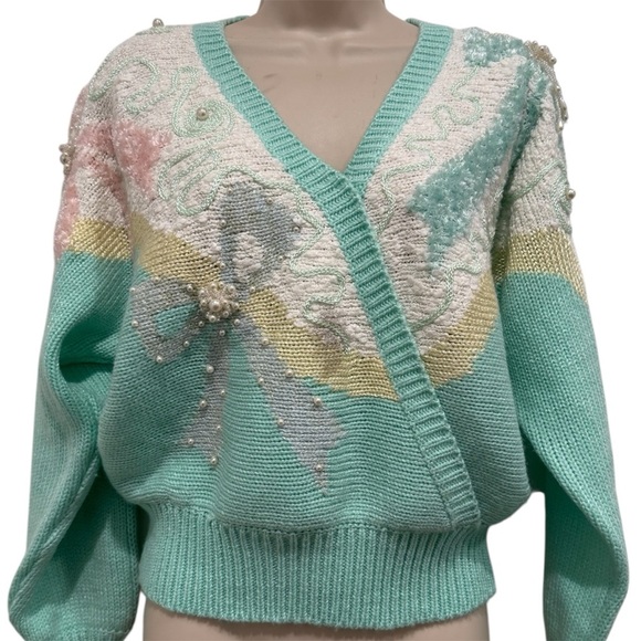Jaclyn Smith Sweaters - Jaclyn Smith Granny Cottage Core Sweater Sz M Pastels Butter Yellow Beaded Y2K